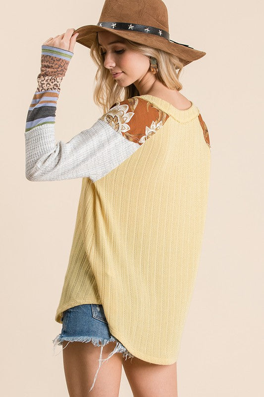 Long Sleeve - Mixed Pattern Top - Yellow