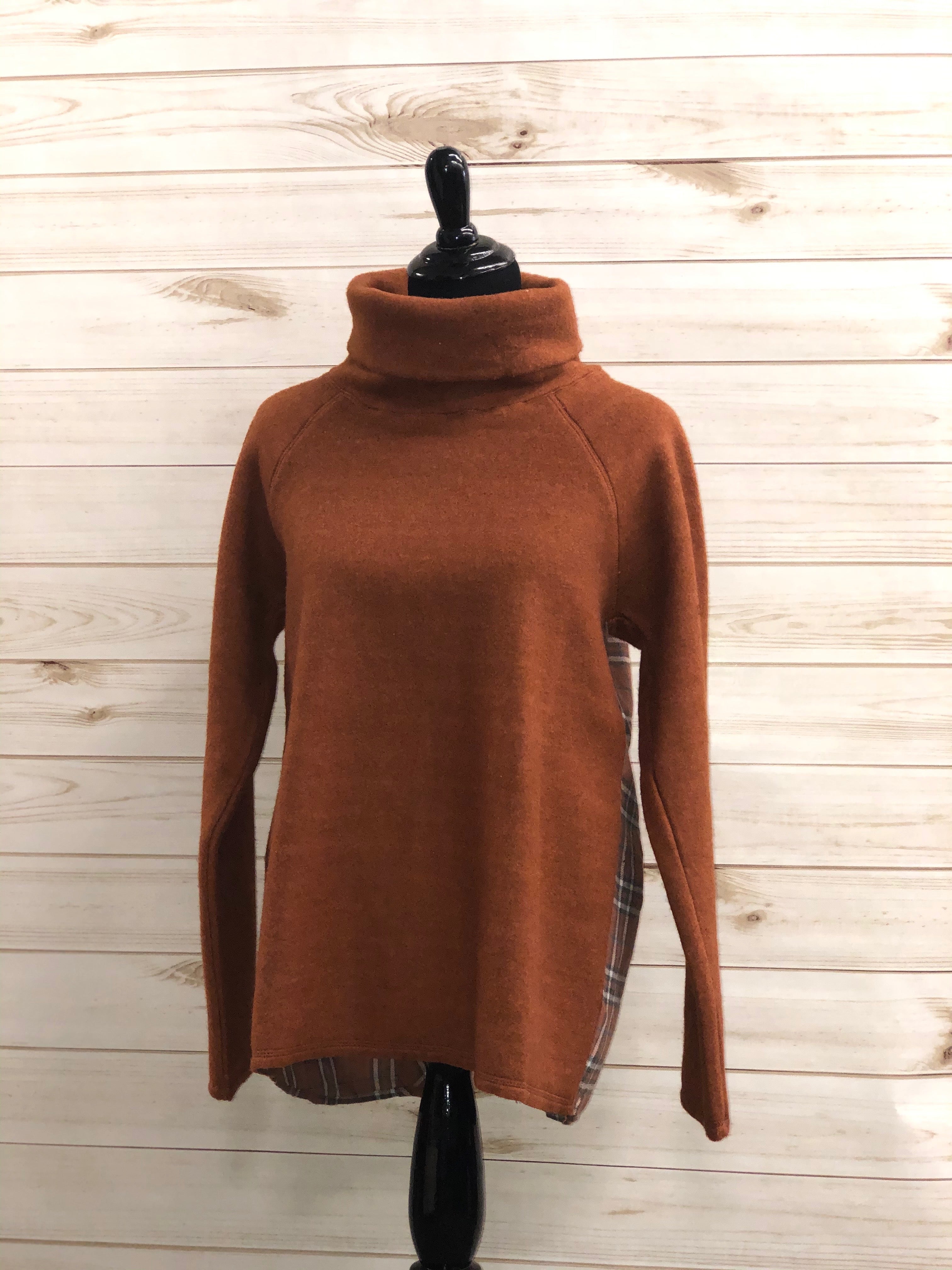 Fleece Cowlneck Top with Plaid Detail
