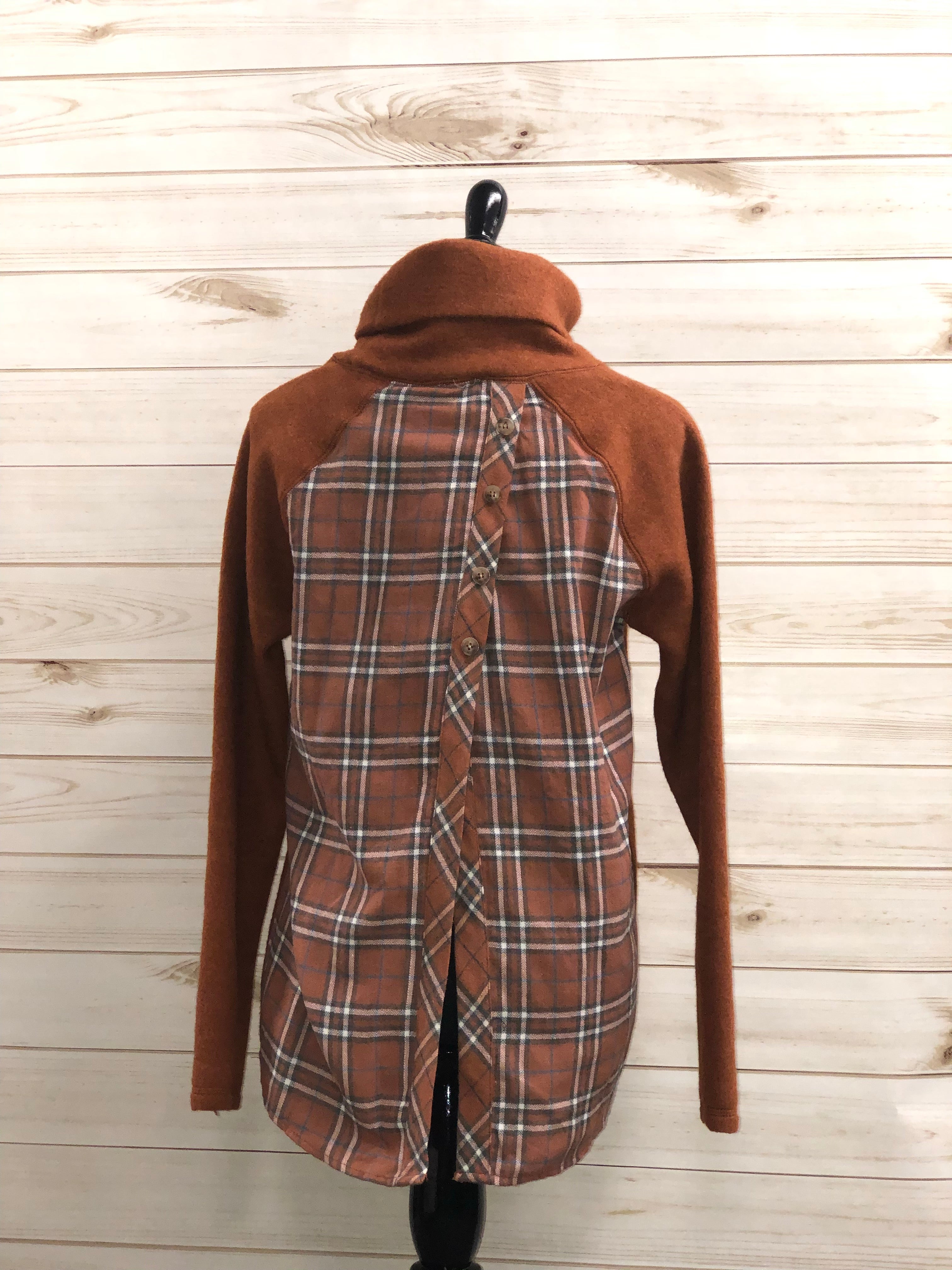 Fleece Cowlneck Top with Plaid Detail