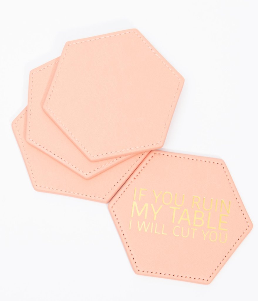 Snarky - Pink Leatherette I Will Cut You Hexagon Coaster Set